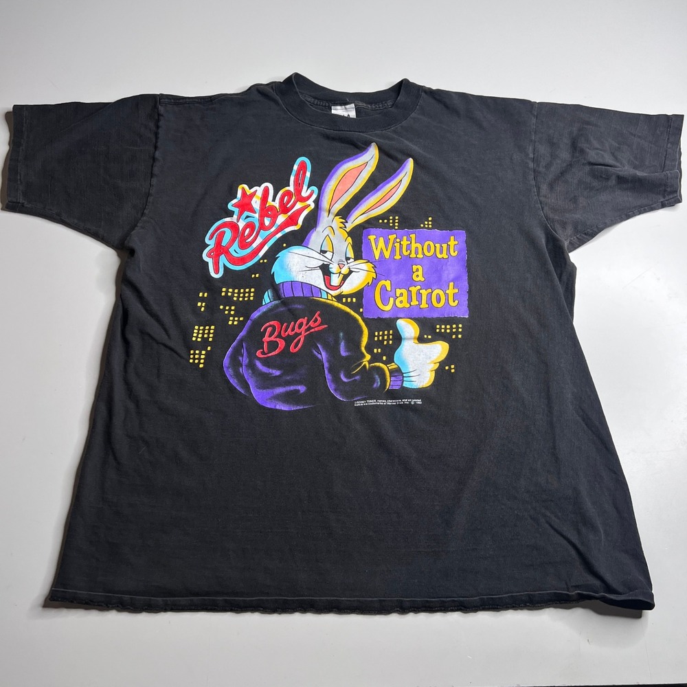 Vintage 1992 Bugs Bunny Rebel Without a Carrot T-Shirt Large Black Single Stitch